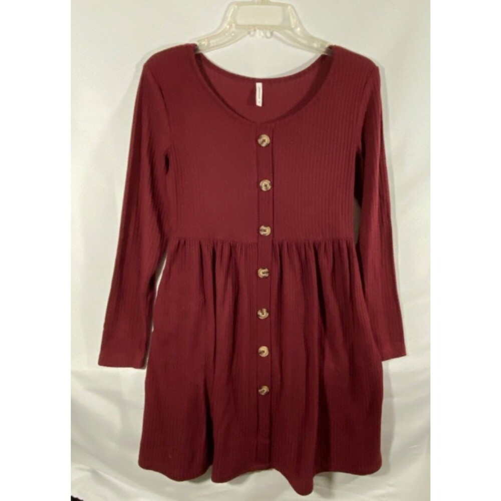 Longyuan Women's Small Maroon Knit Dress Long Sleeve Casual Stretch Dress